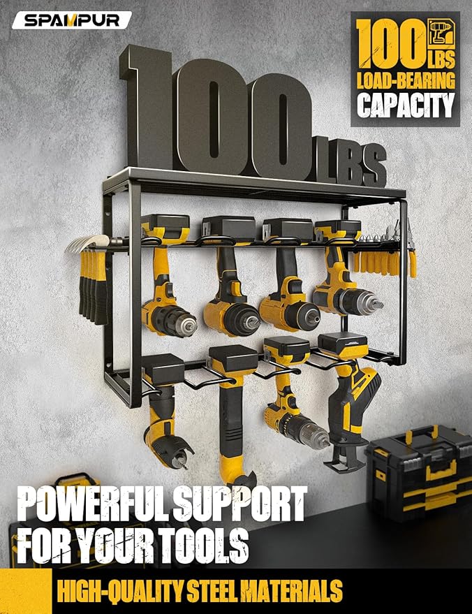 Power Tool Organizer, 8 Drill Holders Wall Mount, 3 Layer Heavy Duty Metal Storage for Garage Organization, Tools Storage with Hooks, Screwdriver Hammer Holder, Father's Day Mens Birthday Gift