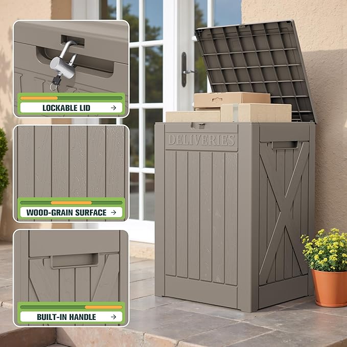 Greesum 52 Gallon Large Outdoor Package Delivery Box for Porch, Lockable Secure Double-Wall Resin Storage Box, Waterproof Deck Box for Package Protection, Light Coffee