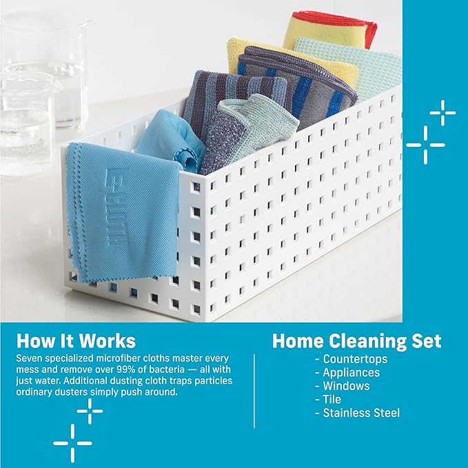 E-Cloth Home Cleaning Set, Premium Microfiber Cleaning Cloth, Household Cleaning Tools & Supplies for Dusting, Bathroom, Kitchen & Cars, Washable & Reusable, 100 Wash Guarantee, 8 Piece Set