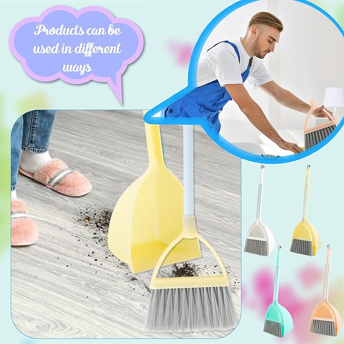 5 Pcs Mini Broom with Dustpan Children Broom and Dustpan Toddler Cleaning Set Small Cleaning Plastic for Kitchen Bathroom Pet, 4 Colors