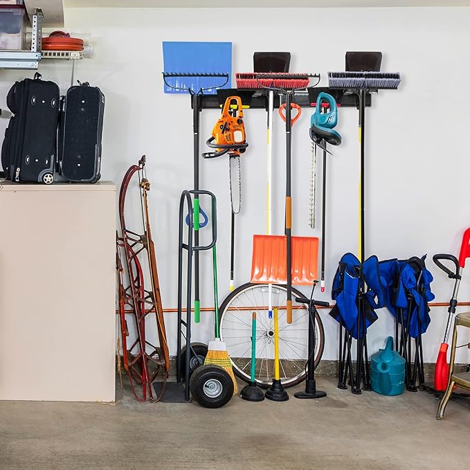 Tool Storage Rack, 8 Piece Garage Organizer, Metal, Wall mounted, Holder for Broom, Mop, Rake Shovel & Tools!