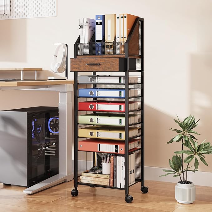 SWTYMIKI 9-Tier Rolling File Cart - Paper Organizer with Drawer and Trays, Wood Desk Office Organizer, Office Organization and Binder Storage for Workspace, Home, School, Espresso