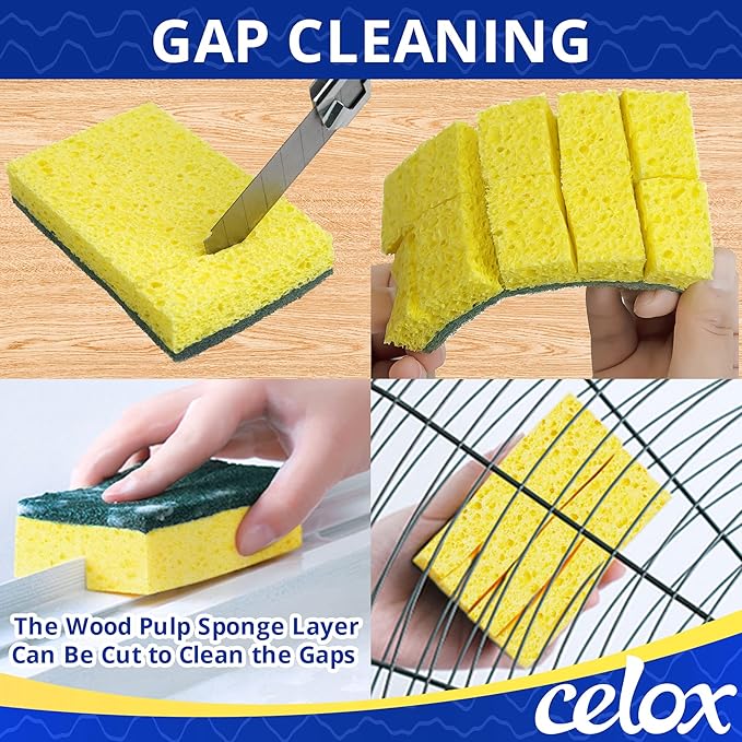 CELOX Sponges Kitchen Sponges for Dishes and Cleaning, 2-Sided Scrub Sponges Dish Sponge and Kitchen Sponge for Washing Dishes, Heavy Duty, Non-Scratch, Sinks, Household Use, Green and Yellow, 12-Pack