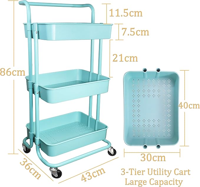 3 Tier Utility Rolling Cart Multifunction Organizer Shelf Storage Cart with 3 Piece Cups and 8 Piece Hooks for Home Kitchen Bathroom Laundry Room Office Store etc. (Blue)
