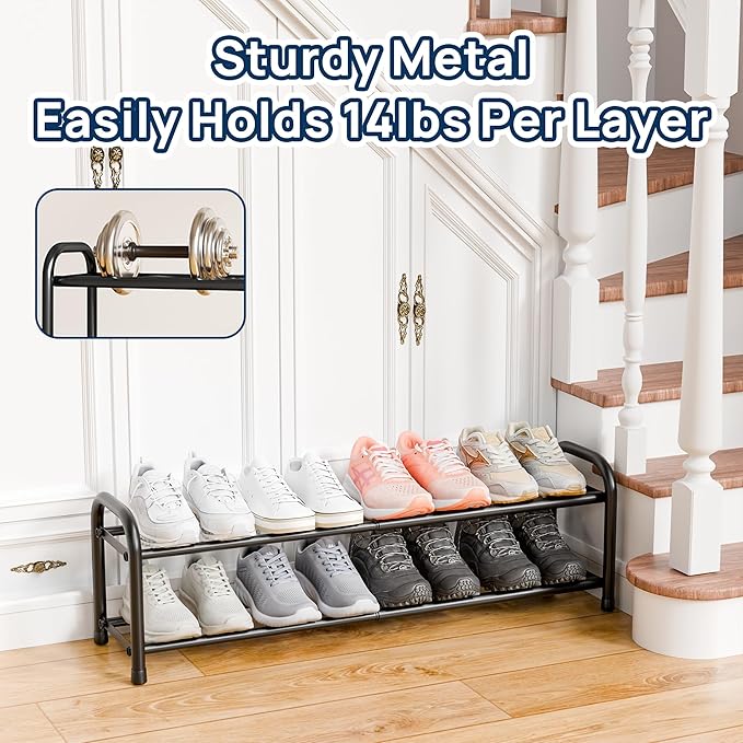 ENJOYBASICS Expandable Shoe Rack, 2 Tier Adjustable Shoe Organizer Shelf for Closet, Black Metal Free Standing Shoe Rack Storage for Small Space, Entryway