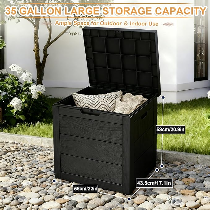 35 Gallon Outdoor Storage Box, Deck Boxes Outdoor Waterproof, Plastic Patio Storage Bin, Box for Packages Delivery, Lockable, UV Resistant, Grey