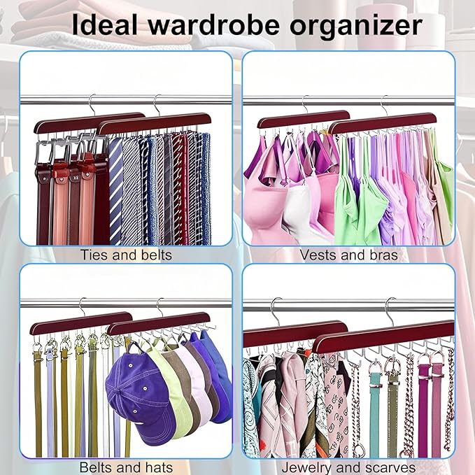 2pcs Red Tie Rack Hanger & Belt Hanger, Stainless Steel Tie Holder Organizer with 20 Folding Hooks Multipurpose 360° Swivel Belt Holder for Closet Storage, Men's Accessories
