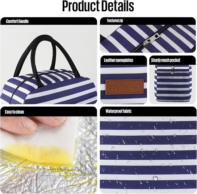 Lunch Bag Women/Men Lunch Box Women/Men (Dark blue+White Stripes)