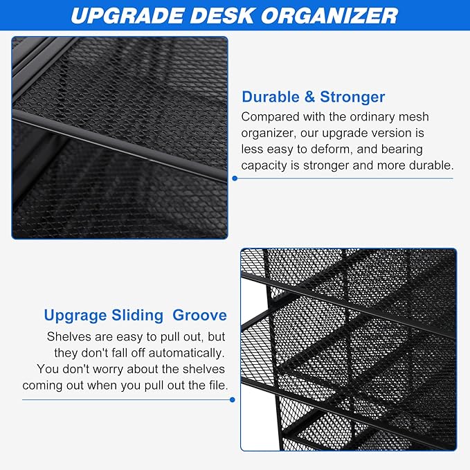TQVAI 7-Tier Desk Paper Organizer, 12 Slots Mesh Countertop File Mail Organizer, Adjustable Sliding Shelves, Desktop Mailbox Cubbies for Office, Classroom, Black