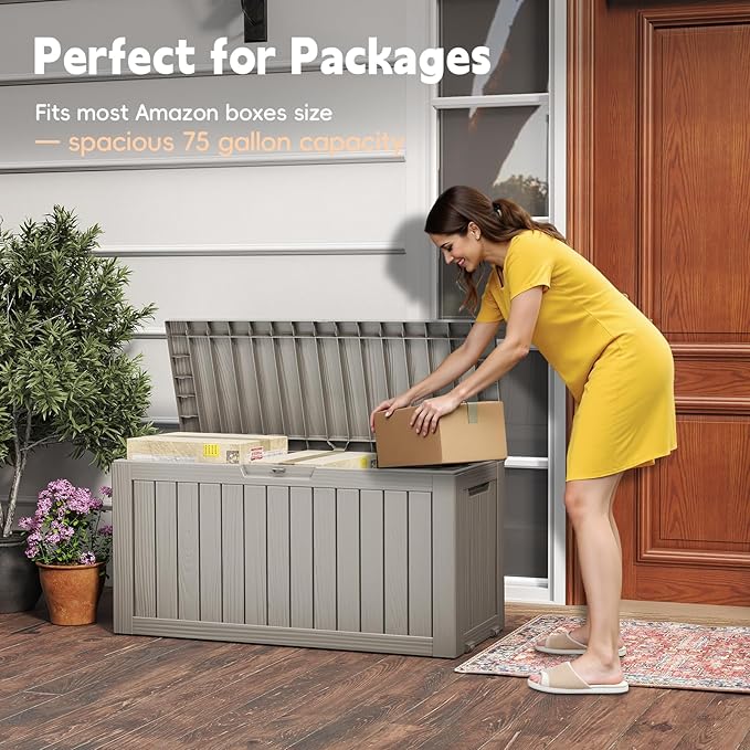 Outdoor Storage Box, 75 Gallon Deck Box Waterproof, Resin Patio Storage Bin for Package Delivery, Patio Furniture Cushion, Garden Tools, Pool Accessories, Weatherproof, Grey