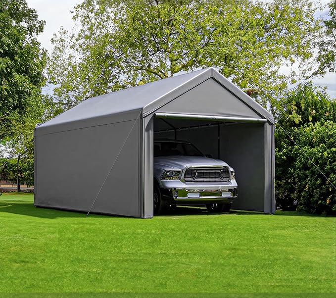 Carport 10x20 Ft Heavy Duty Canopy Steel Canopy Storage Shed,Portable Garage Party Tent,Portable Garage with Removable Sidewalls & Doors All-Season Tarp for Carport (Grey)