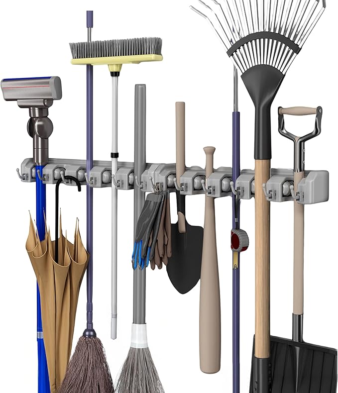 Garden Tool Organizer Wall Mount Broom and Mop Holder, 5 Adjustable Slots and 6 Hooks Utility Rack for Garage or Home Organization, 2-Pack by Stalwart