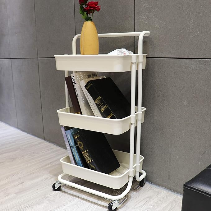 3 Tier Utility Rolling Cart Multifunction Organizer Shelf Storage Cart with 3 Pieces Cups and 8 Pieces Hooks for Home Kitchen Bathroom Laundry Room Office Store etc. (White)