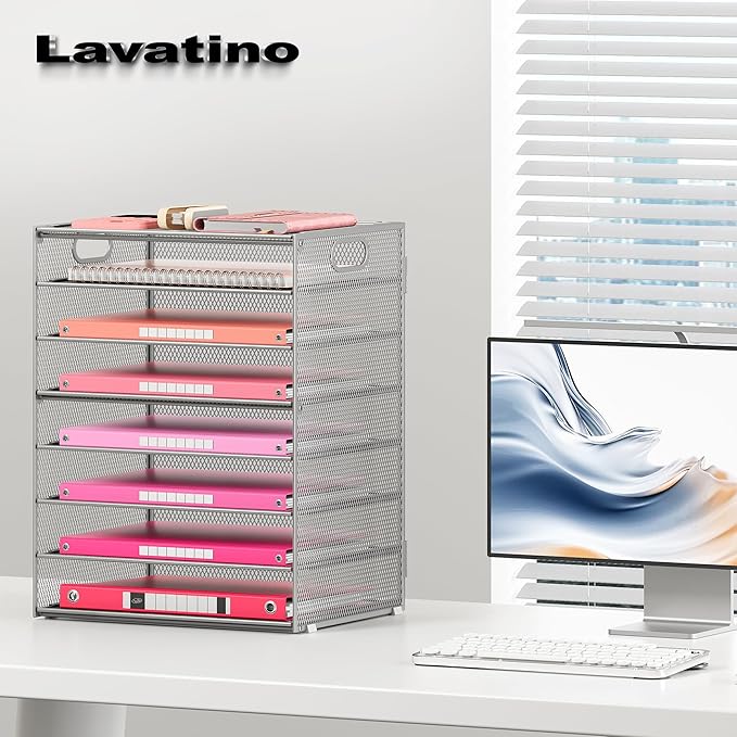 Lavatino 8-Tier Office Desk File Organizer, Letter Tray Paper Organizer with Handle, Including 5 Adjustable Slide Trays for Organizing Desktop Workspace Accessories and Supplies (Silver Metal Mesh)