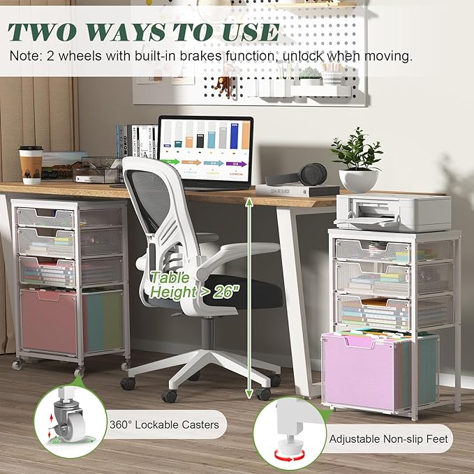 4 Drawer Rolling File Cart with Wheels, Mobile Filing Cabinet for Home Office, Hanging File Organizer, Under Desk Storage, Multifunctional Utility Cart Printer Stand, White