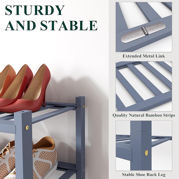 Smiry Shoe Rack, 5 Tier Long Bamboo Shoe Organizer, Stackable Free Standing Wooden Shoe Storage Shelf for Closet, Entryway, Front Door Entrance, Grey