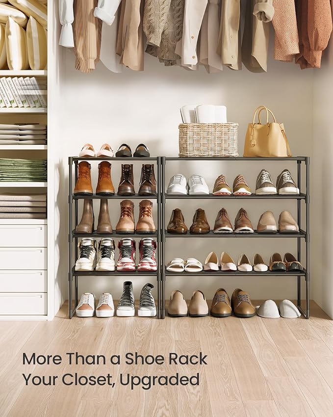 SONGMICS Shoe Rack, 4-Tier Shoe Organizer, Metal Storage Shelf, Upright or Upside Down, for 10-15 Pairs, Stackable, for Entryway, 11.8 x 26.8 x 28.4 Inches, Black ULSA204B01