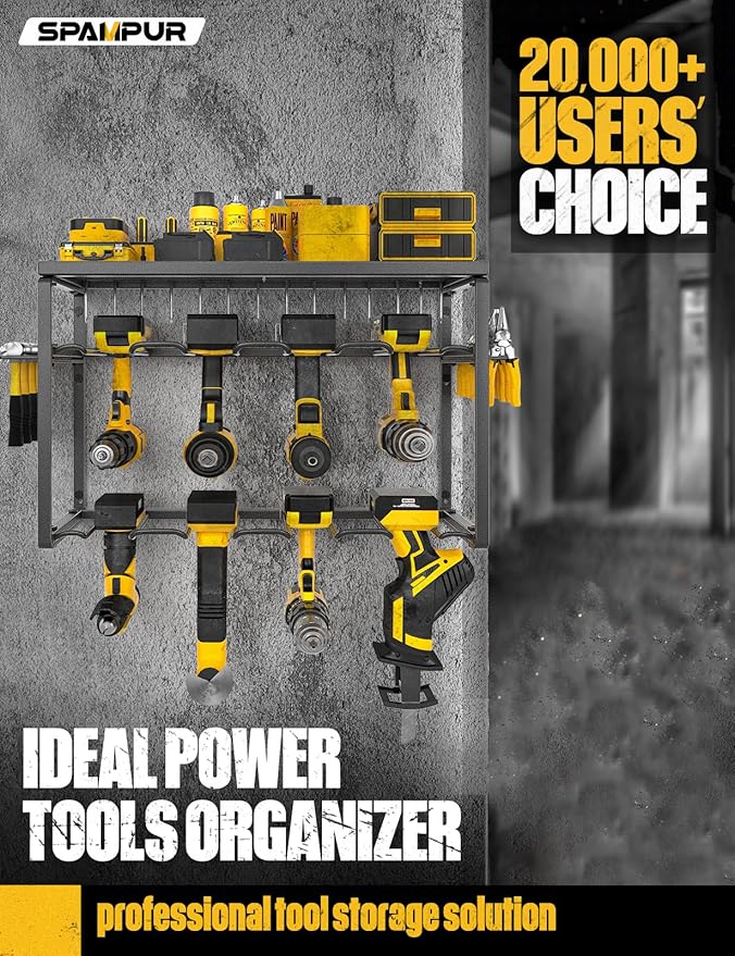 Power Tool Organizer, 8 Drill Holders Wall Mount, 3 Layer Heavy Duty Metal Storage for Garage Organization, Tools Storage with Hooks, Screwdriver Hammer Holder, Father's Day Mens Birthday Gift