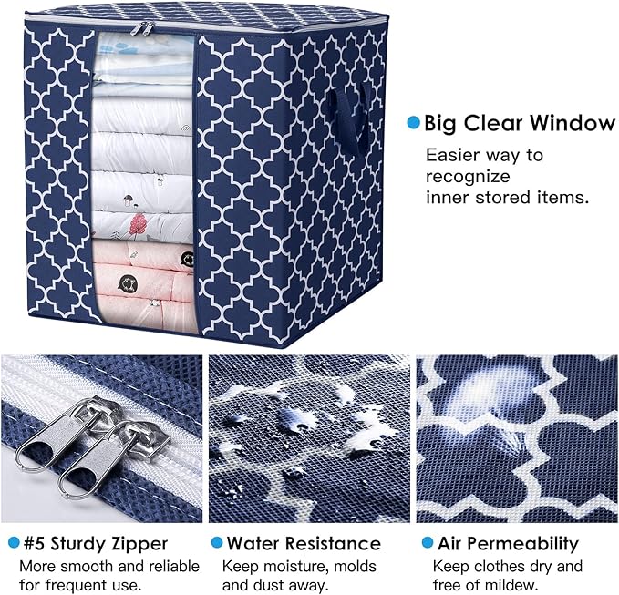 WISELIFE Storage Bags 8 Pack/100L Large Blanket Clothes Organization and Storage Containers for Comforters,Bedding, Foldable Organizer with Reinforced Handle, Clear Window, Sturdy Zippers,Blue