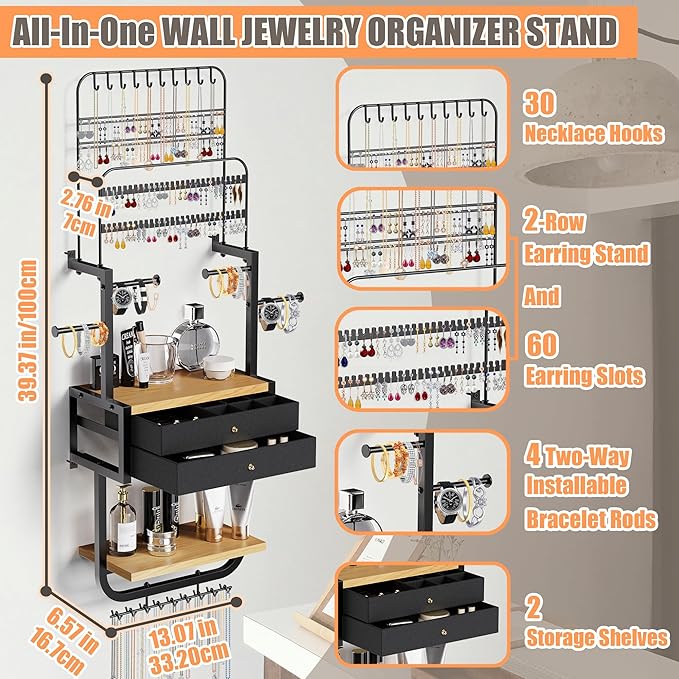 Wall Mounted Jewelry Organizer, Large Jewelry Organizer and Storage, Wall Hanging Jewelry Organizer for Earring, Necklace, Bracelet, Perfume (BLACK)