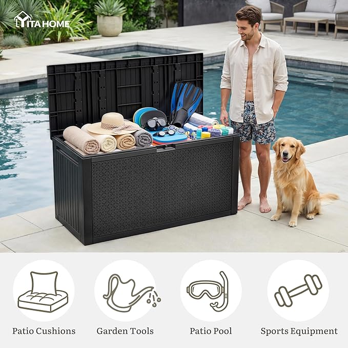 YITAHOME 90 Gallon Outdoor Deck Box, Lockable Resin Deck Box with Handles, Outdoor Storage Box for Patio Furniture, Garden Tools, Waterproof & UV Resistant, Black