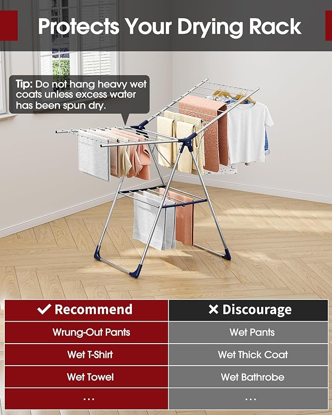 Clothes Drying Rack with Height-Adjustable Wings, Metal Foldable Laundry Dryer Stand for Clothing & Bedding, Free-Standing Collapsible for Indoor & Outdoor Use, 55.5" L × 22.8" W, Silver Blue