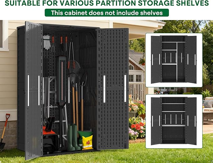 Vertical Outdoor Storage Shed, 60 Cu.Ft Resin Storage Cabinet Waterproof with Lockable Floor, All-Weather Tall Backyard Shed for Patio Furniture, Garage, Garden, Porch (Black)