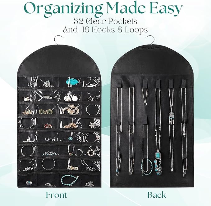 Flexzion Hanging Jewelry Organizer – (1 Pack) Black 32 Clear Pockets & 18 Hooks & Loops, Non-Woven Bag Dual Side Earring Storage Display Holder with for Necklace Bracelet Sunglasses