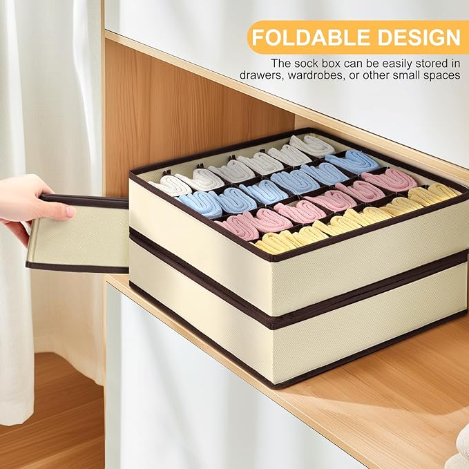Joyoldelf Sock Organizer Drawer Organizer - Underwear Organizer, 24 Cell Collapsible Closet Organizers and Storage Sock Holders Organizers for Storing Socks, Ties, Belts 6 Pack Beige