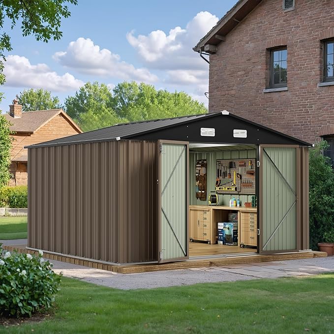 JUMMICO 10 x 8 FT Outdoor Storage Shed, Large Metal Garden Shed & Tool Sheds for Backyard Garden Patio Lawn (Brown)