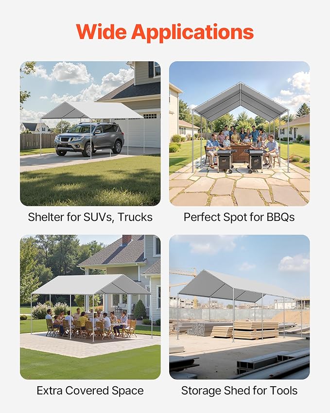 VEVOR Carport Replacement Canopy Cover, 10 x 20 ft Potable Garage Tent Top Tarp, UV-Resistant & Waterproof Car Shelter Tarp, Heavy Duty Car Port Cover with Ball Buggees, Grey, Frame Not Included