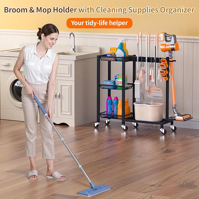 Broom Holder with Cleaning Supplies Organizer Load 350 LBS Cleaning Cart with Wheels Broom Closet Storage with 3-Tier Shelves, 6 Mop Hanger Grippers, 3 Double-Hooks, Vacuum Stand for Laundry Garage