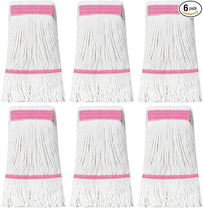 Eccliy 6 Pack Heavy Loop End Cotton String Mop Head Heavy Duty Mop Head Commercial Refills Replacement Bulk for Home Industrial Commercial Floor Cleaning (White,Pink)