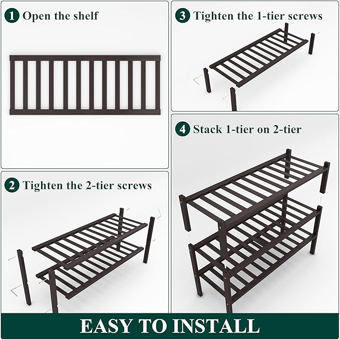 Smiry Shoe Rack, 3 Tier Bamboo Shoe Organizer, Stackable Free Standing Wooden Shoe Storage Shelf for Closet, Entryway, Front Door Entrance, Brown