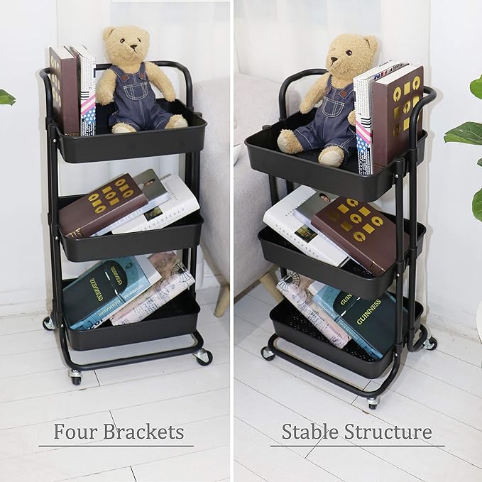 3 Tier Utility Rolling Cart Multifunction Organizer Shelf Storage Cart with Handle and Lockable Wheels for Home Kitchen Bathroom Laundry Room Office Store etc. (Black)