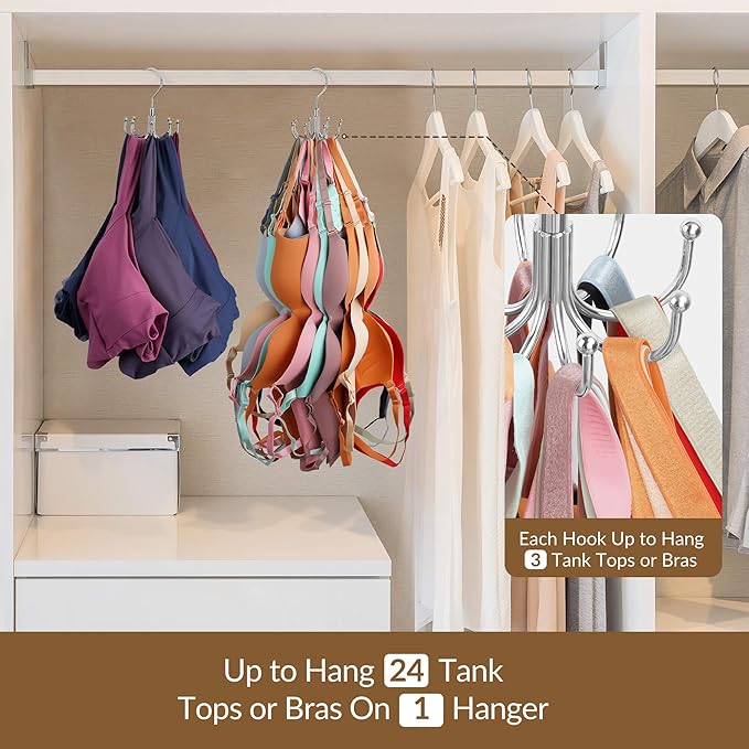 ZEDODIER Tank Top Hanger, Rotatable Bra Organzier for Closet, Max 24 Storage Capacity Sport Bras Holder, Metal Space Saving Closet Organizers and Storage, Silver