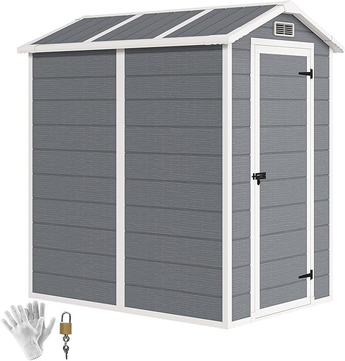 Outsunny 6' x 4' Outdoor Storage Shed, Waterproof Resin Plastic Shed with Floor, Window, Lockable Doors and Vents, All-Weather Garden Tool Shed for Backyard, Patio, Lawn, Gray