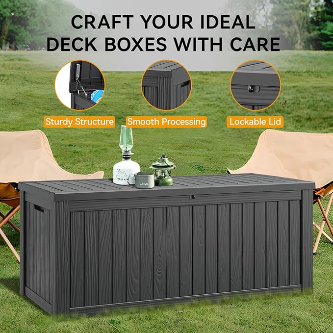 220 Gallon Outdoor Storage Box, Resin Deck Boxes Outdoor Waterproof For Patio Furniture, Garden Tools, Pool Supplies, Lockable And UV Resistant (Striped Black)