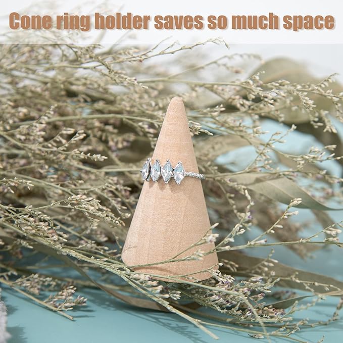 Framendino, 10 Pack Natural Wood Cone Ring Holder Finger Jewelry Display Stand Organizer for DIY Craft (Tilted Shaped)