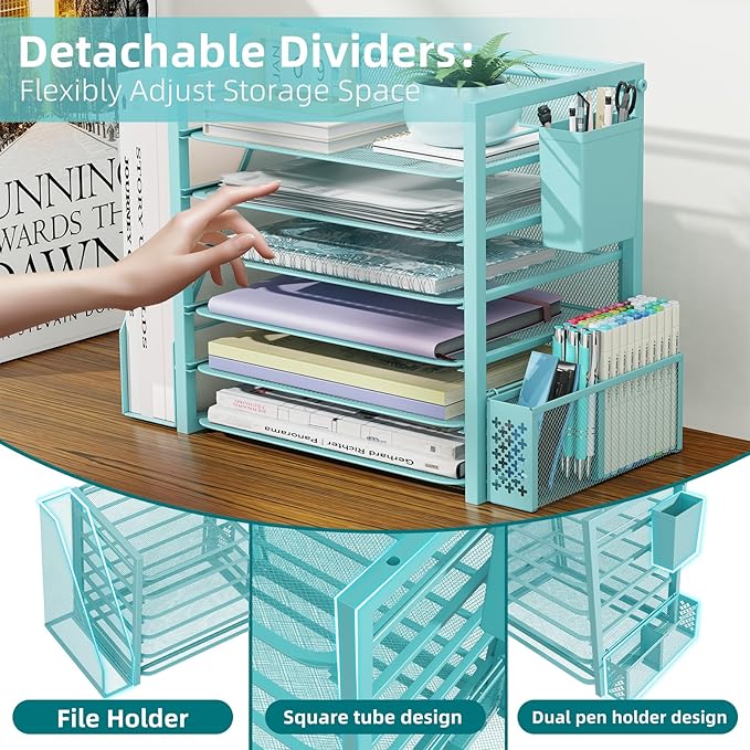 Simple Trending 6 Tier Desk File Organizer, Paper Letter Tray Organizer with File Holder and Pen Container, Blue