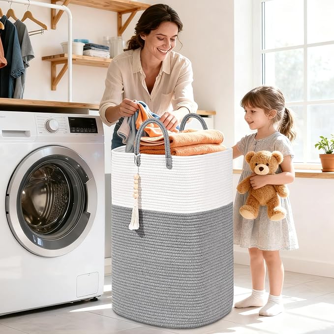 Woven Laundry Basket for Clothes, 65L Large Rectangle Laundry Hampers with Beads Tassel, Nursery Storage Basket for Toys, Tall Dirty Clothes Hamper for Bedroom Aesthetic, Laundry Room Organization