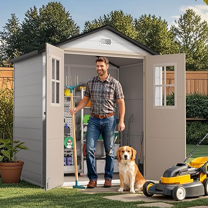 DWVO 6x4.4 FT Outdoor Storage Shed, Plastic Garden Tool Shed with 2 Windows, Double-Wall Outside Shed for Lawn Mower, Garden Tool for Backyard Patio, Lockable, Greige&Gray