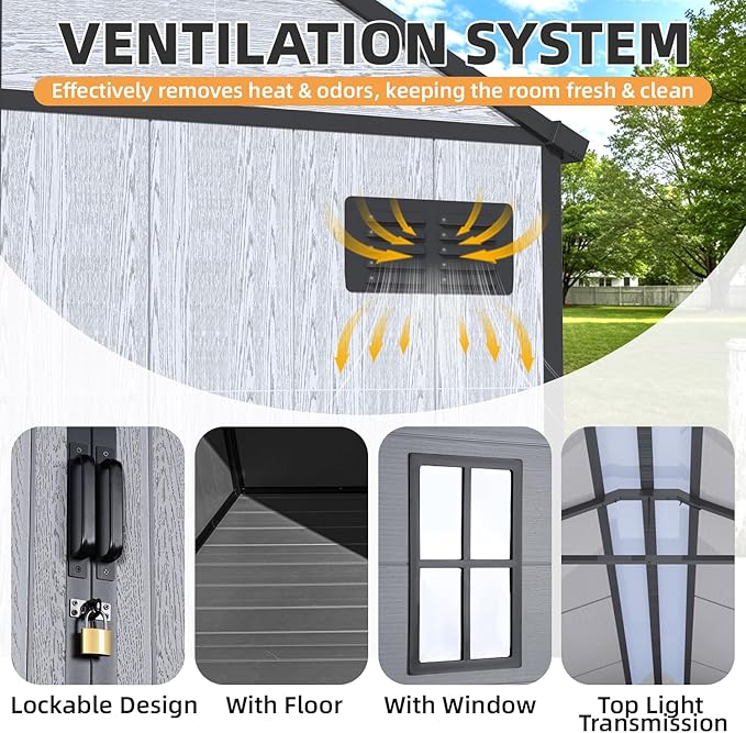 MELLCOM 10 x 8 FT Resin Outdoor Storage Shed with Floor, Resin Outdoor Storage Tool Shed with Windows and Lockable Door, Garden Shed for Lawnmower, Bike, Pool Supply