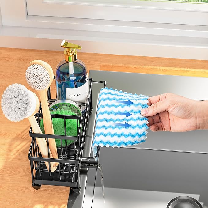 Cisily Sponge Holder for Kitchen Sink, Sink Caddy Organizer with High Brush Holder, Kitchen Countertop Organizers and Storage Essentials, Rustproof 304 Stainless Steel (Black With Towel Rack, 9.25″)