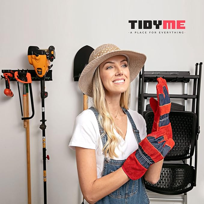 TIDYME Heavy-Duty Garage Wall Storage System | Wall Mounted Tool Organizer Rack with Shelving | 10-Piece Mounting Kit | Includes 4x10” Double-Layered Hooks & 2x16.5” Floating Utility Shelves