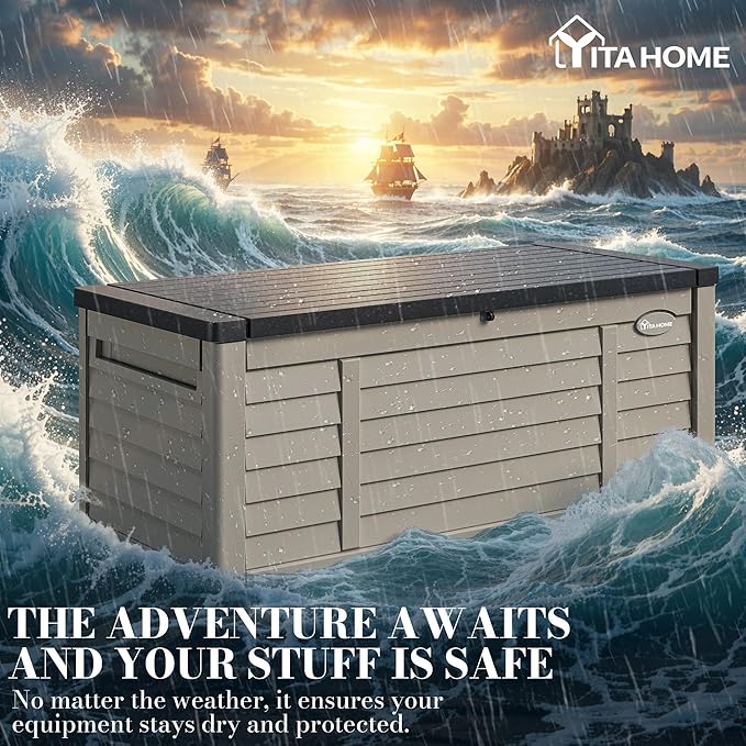 YITAHOME 150 Gallon Large Outdoor Storage Deck Box, Waterproof Cushion Storage Bench with Lockable Lid for Patio, Pool Supplies, Garden Tools, Resin, Black & Brown