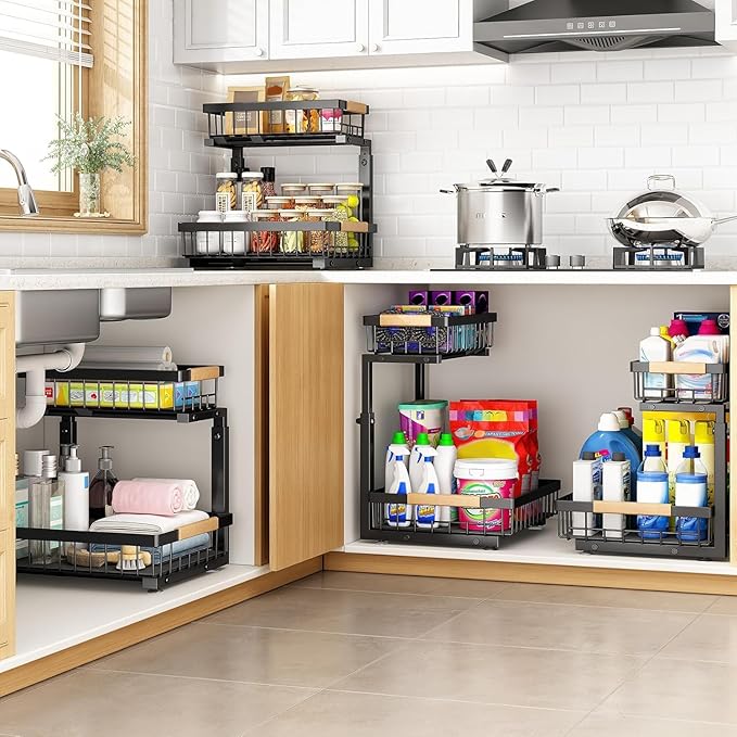 PXRACK Under Sink Organizer, Adjustable Height, 2-Pack 2 Tier Pull Out Under Cabinet Organizer, Slide Out Thickened Metal Under Sink Storage for Kitchen Bathroom Laundry Pantry Cabinet, S, Black
