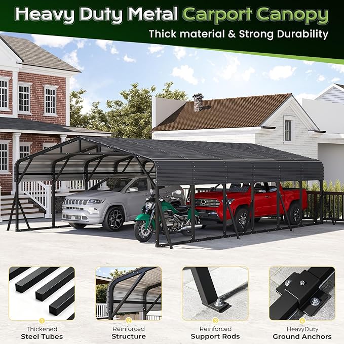 20x30FT Heavy Duty Metal Carport, Outdoor Portable Car Garage w/Reinforced Support Rods & Windproof Ground Anchors, All-Season Versatile Outdoor Shelter for 3 Car, Boats, Truck
