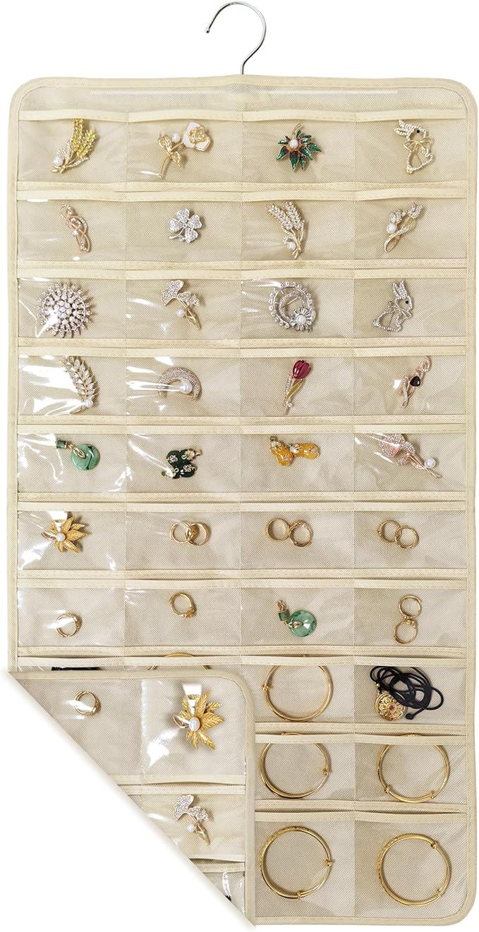 80 Pocket Hanging Jewelry Organizer with Hanger Metal Hooks Storage On Wall Door Closet Double-Sided(Each Side 40 Pockets) Jewelry Holder for Earrings, Necklaces, Rings (Beige)