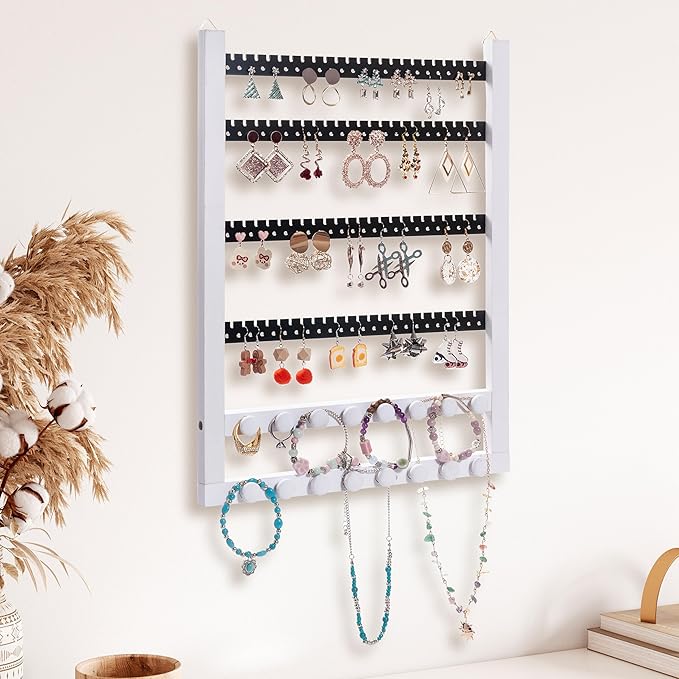 Solid Wood Earring Hanging Jewelry Organizer Wall Mounted Earring Organizer and Necklace Holder- Earring Display for studs, dangling, Necklace, Bracelet, and Rings-White Color